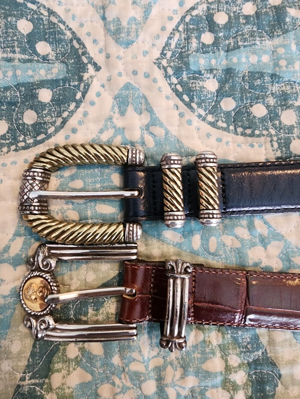 Vintage Brighton Silver / Gold Accent Brown Leather Belt & Navy Leather Belt